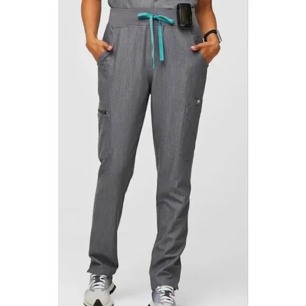 Figs High Waist Scrub Pant - Yola Graphite Gray Teal Blue Tie